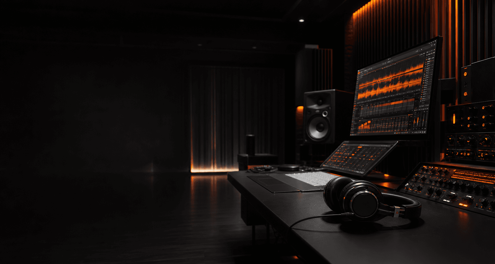 Dark premium music studio with orange waveform lighting